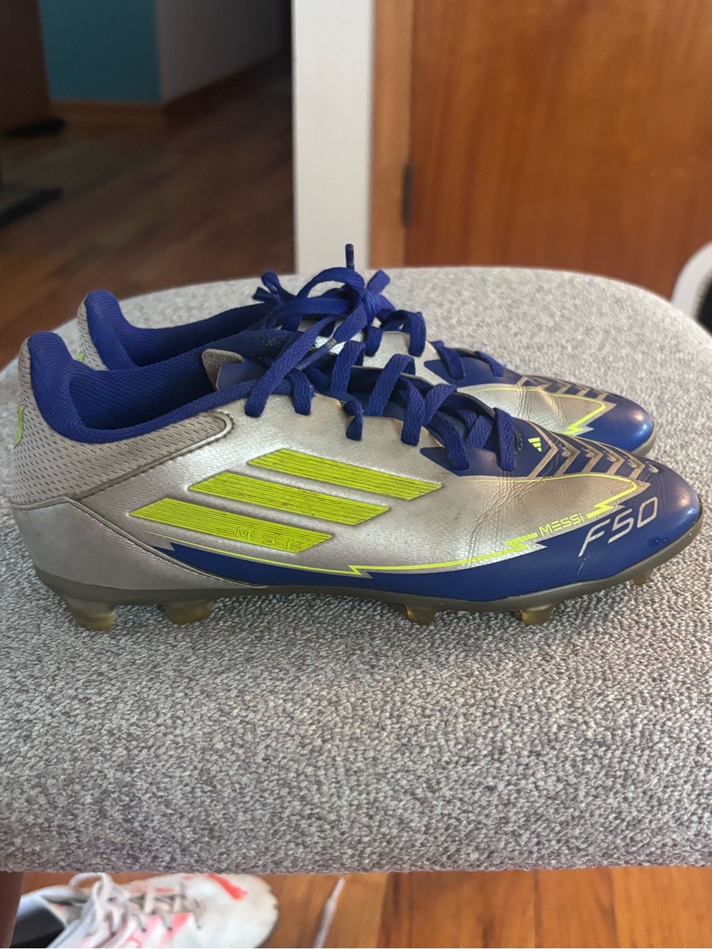 adidas Messi Kids Soccer Cleats - Silver, Blue & Neon Yellow